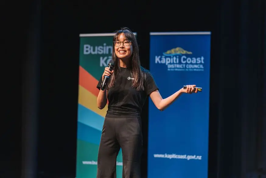 young woman founder pitching