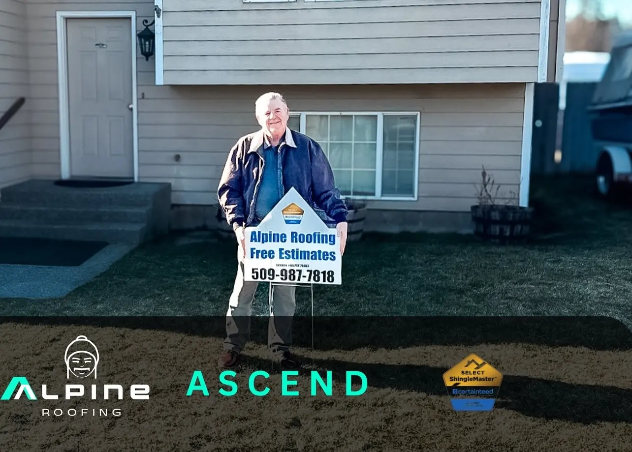 Alpine Roofing happy customer, featuring a man holding a sign that says "get your free estimate."