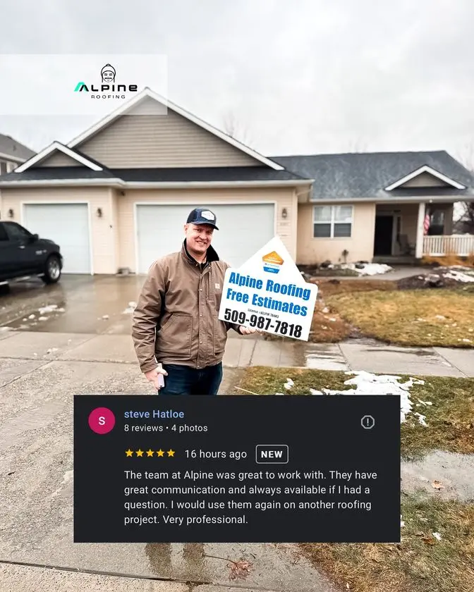 Alpine Roofing happy customer, featuring a man holding a sign that says "get your free estimate"