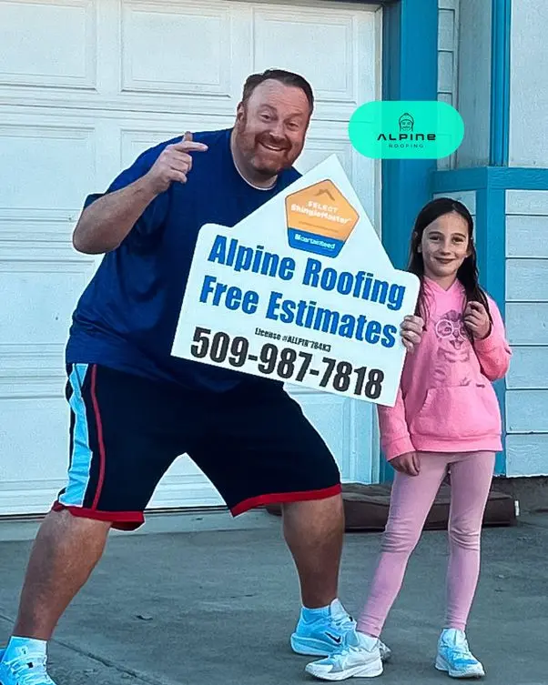 Alpine Roofing happy customer, holding a sign saying "free estimates".
