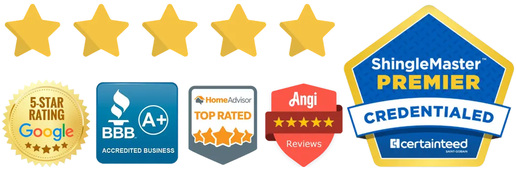 Alpine Roofing 551 five-star reviews: Google, BBB Accredited, HomeAdvisor Top Rated, Angi and CertainTeed ShingleMaster PREMIER