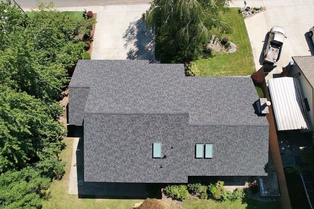 Overhead view of a Washington home's roof with beautiful skylights.