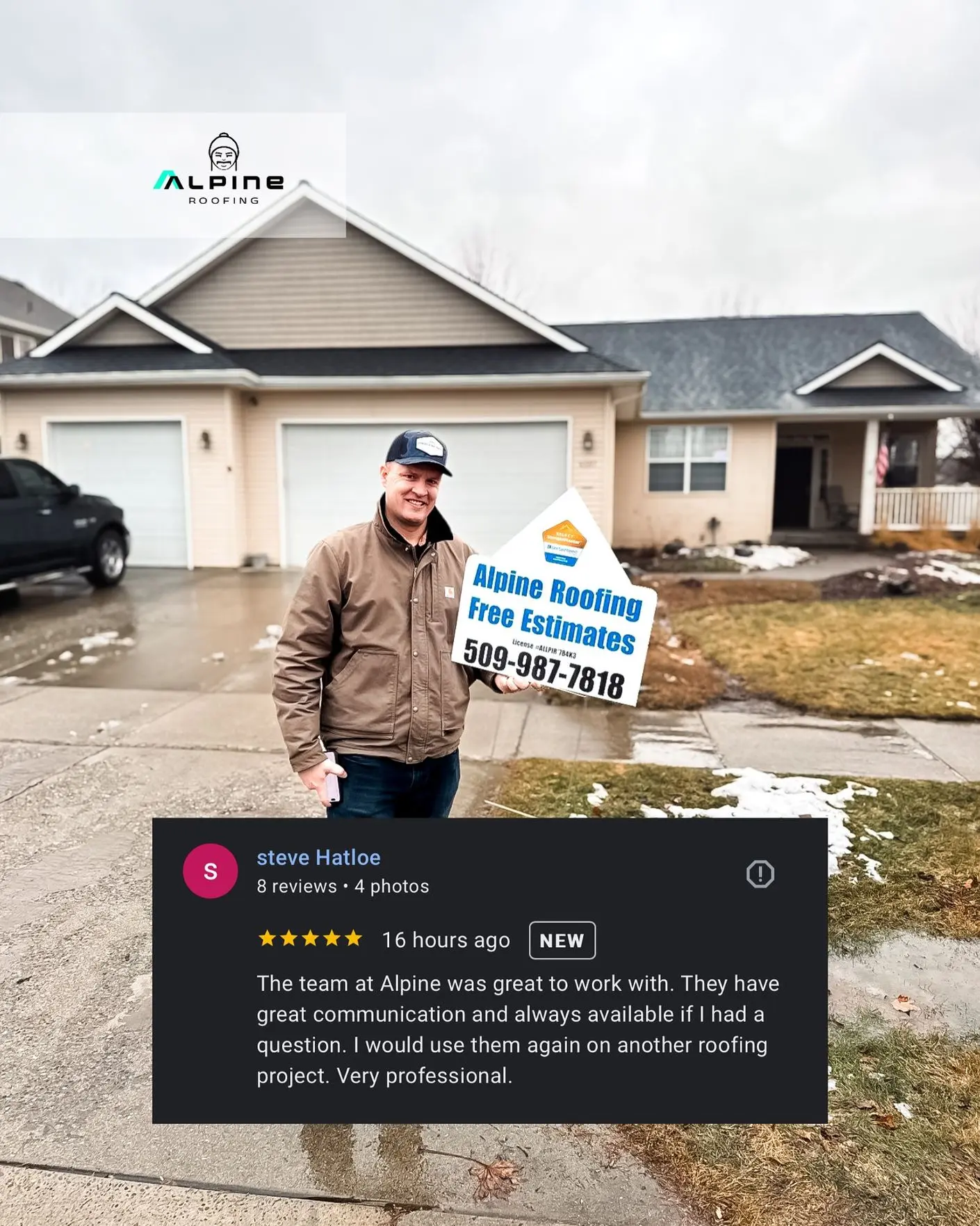 Alpine Roofing happy customer, featuring a man holding a sign that says "get your free estimate."
