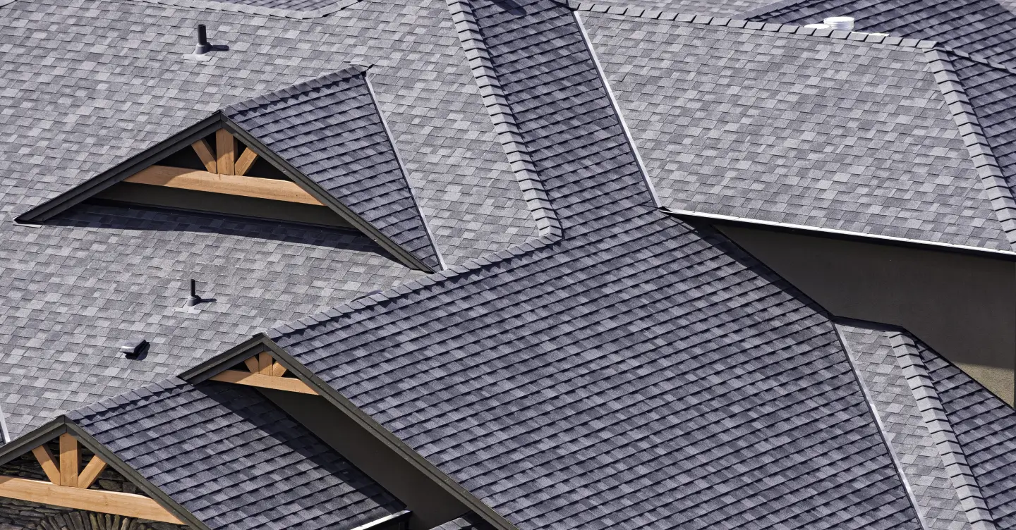 Close-up of a grey architectural asphalt shingle roof with multiple gables and exposed timber trusses