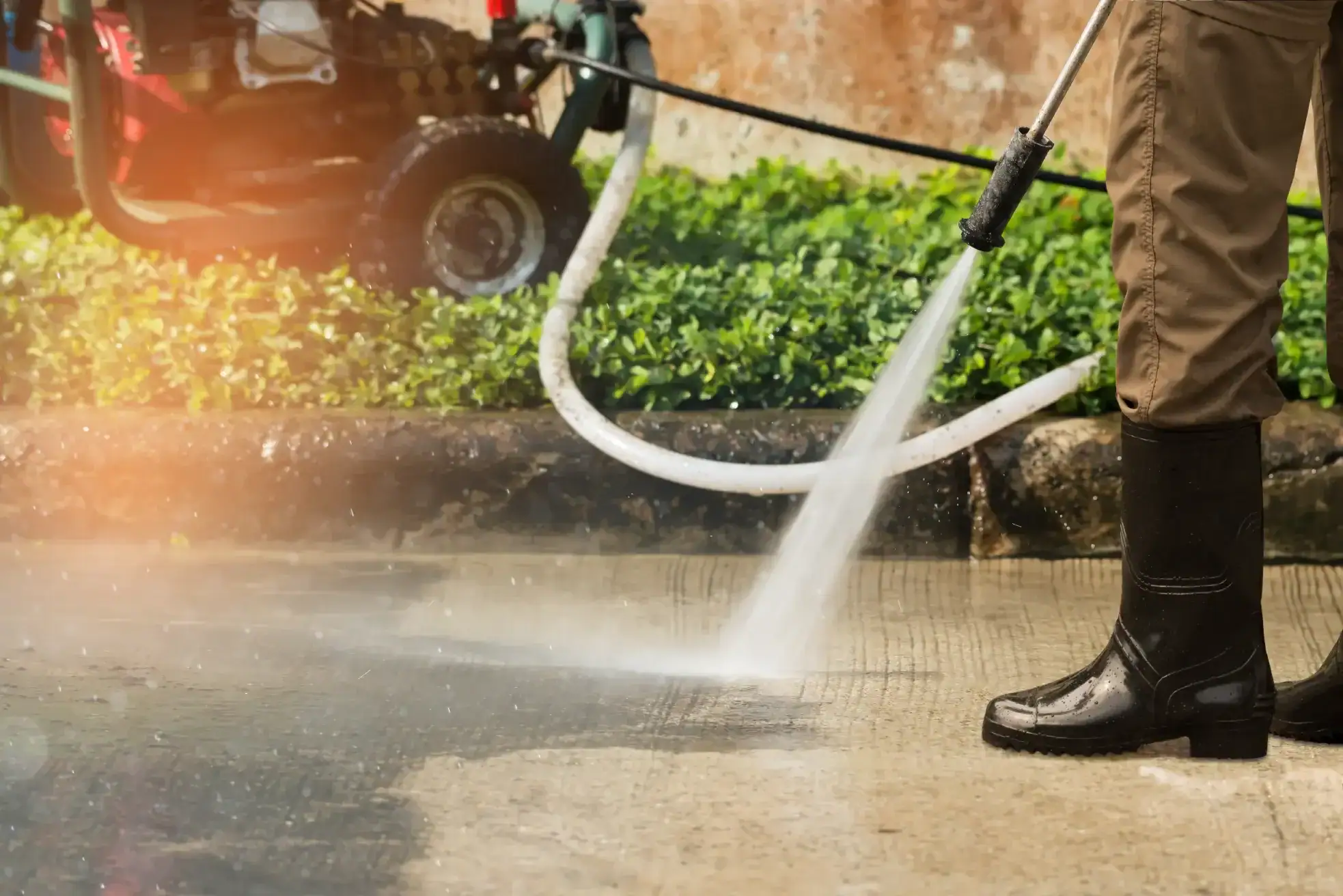 Power washing concrete surface in Winnipeg by Lakeside Painters.