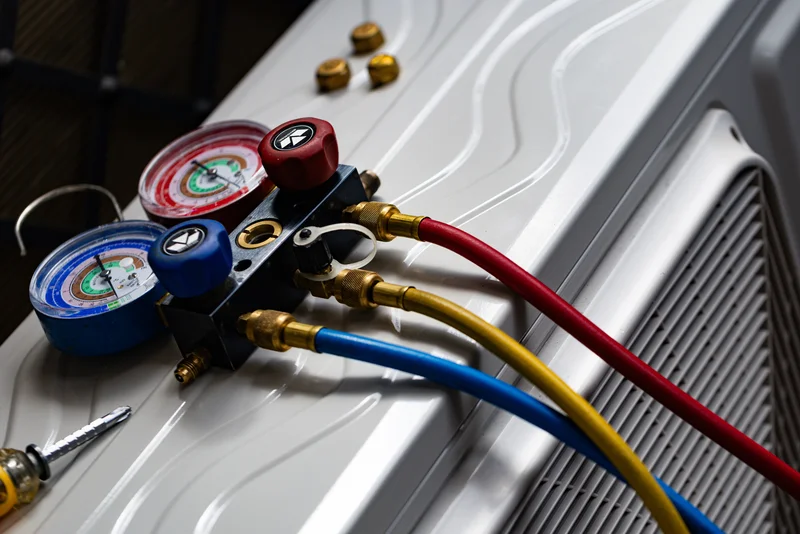 HVAC manifold gauge with red, blue, and yellow hoses attached to an air conditioning unit, close-up view.