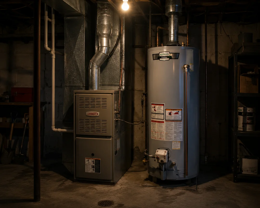 Basement with a furnace and water heater, dimly lit by a single light bulb hanging from the ceiling.