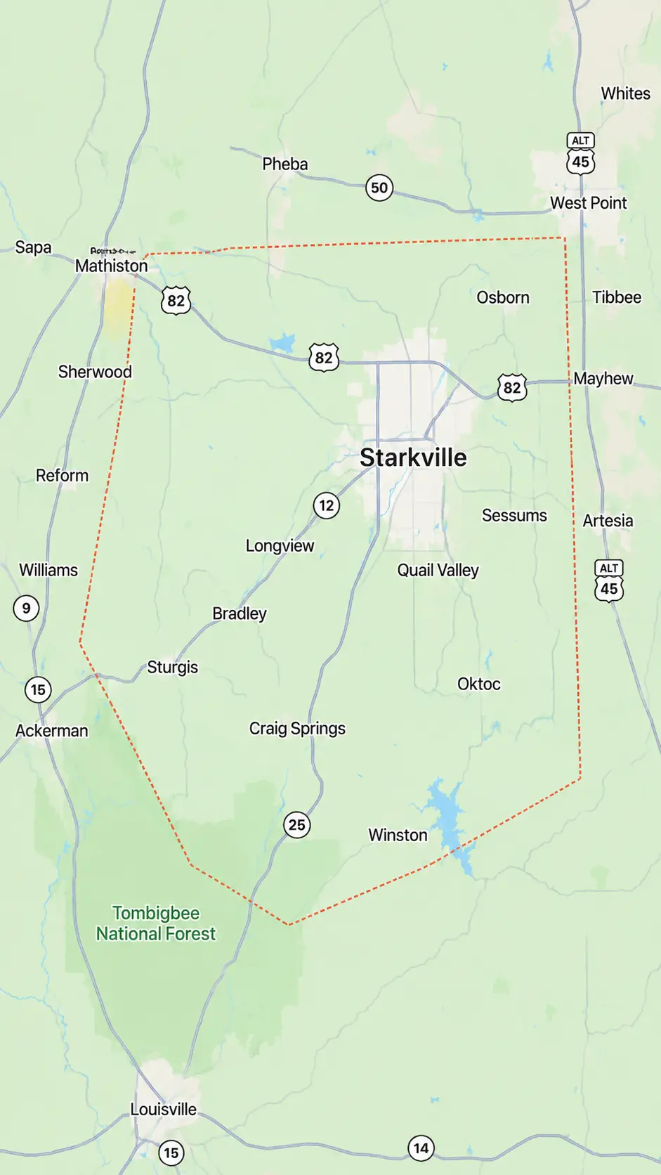 Map showing Starkville and surrounding areas, highlighting roads and nearby towns like Mathiston, Ackerman, and West Point.