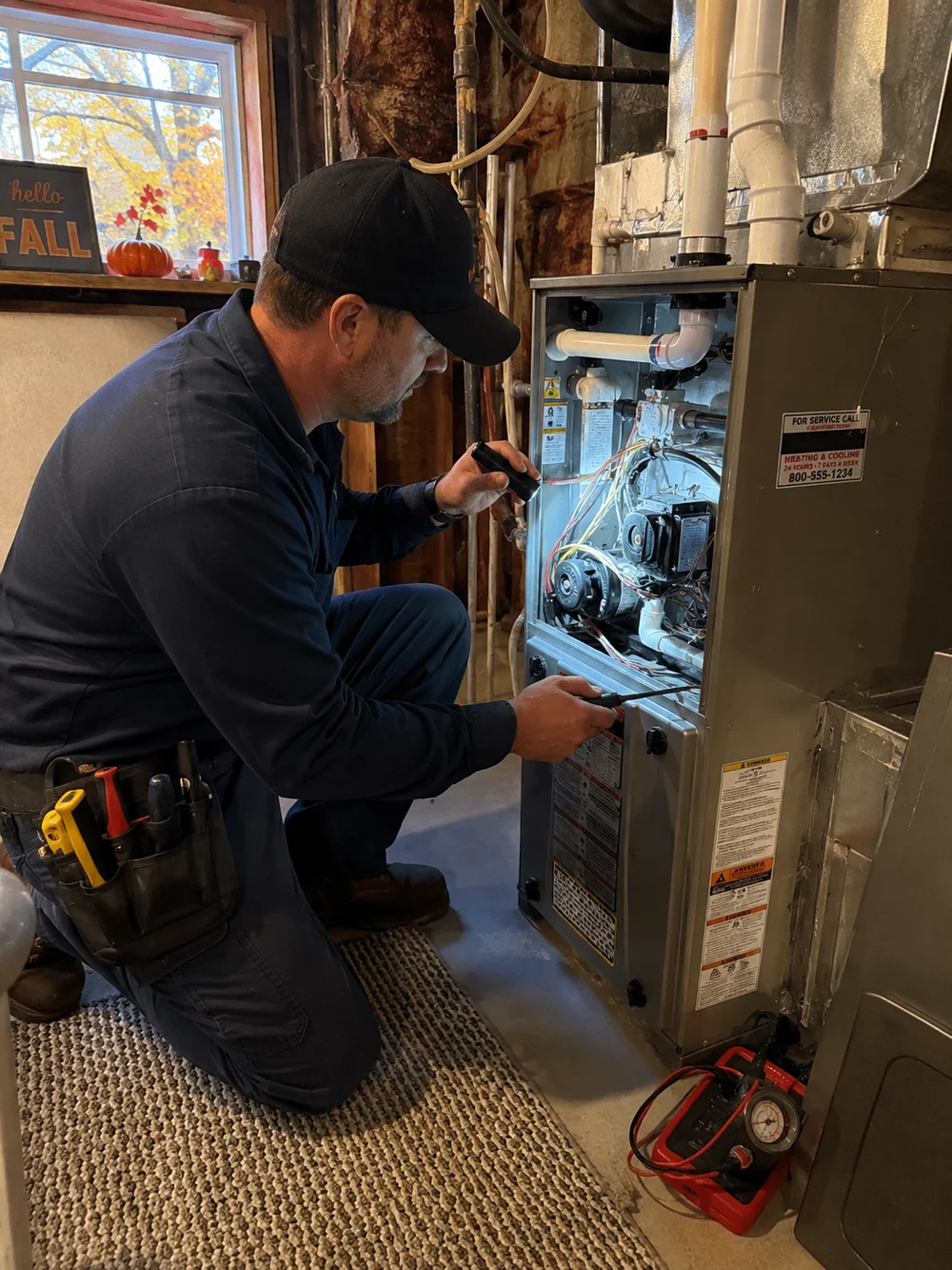 Technician in blue uniform and cap inspecting a furnace with tools and flashlight in a utility room.