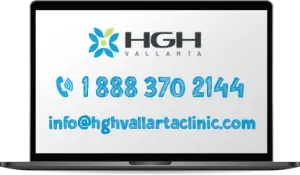 HGH Vallarta logo, phone number and email address on laptop screen