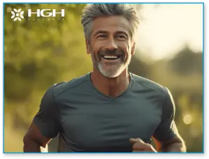 Healthly middle aged man with gray hair jogging, Anti-Aging HGH,