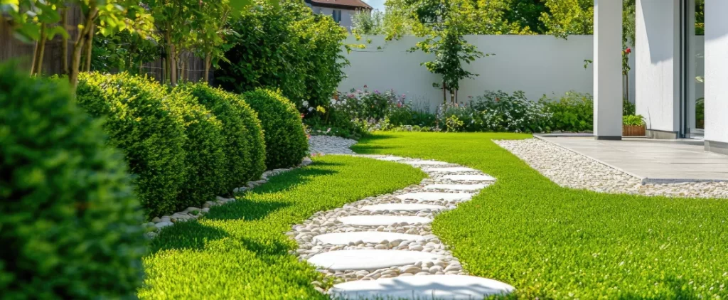 Stepping pavers installed over white stone for a stylish garden pathway