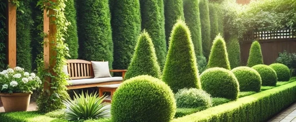 Green hedges forming a natural privacy screen in the backyard