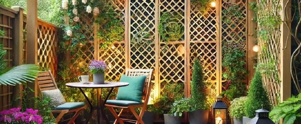 Wooden lattice screen used in landscaping for backyard privacy