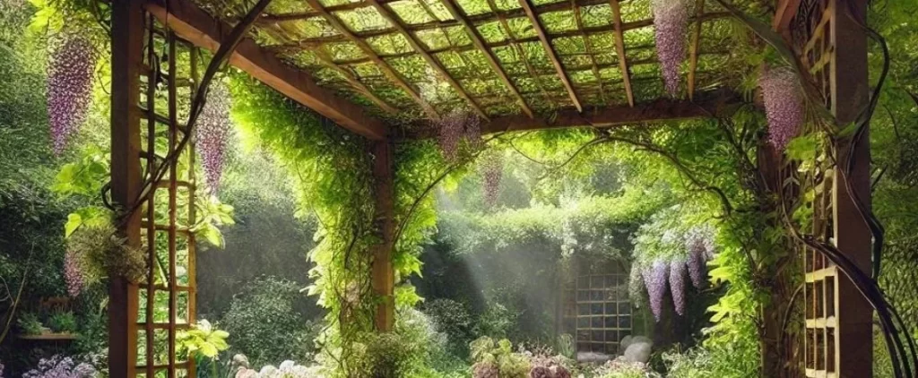 Pergola with climbing vines providing shade and natural privacy