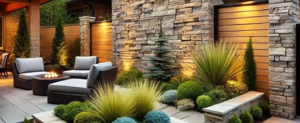 stone wood privacy wall landscaping