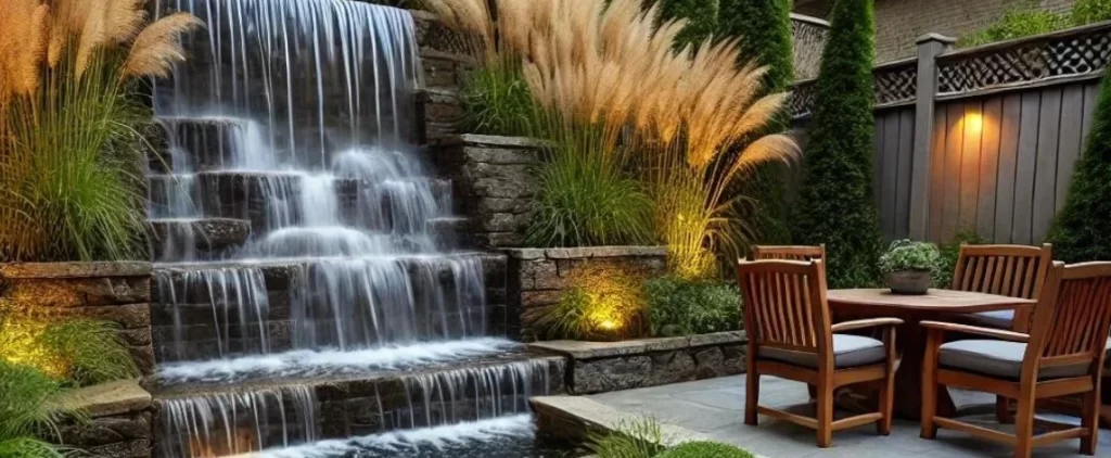 Backyard water feature adding beauty and enhancing privacy in landscaping