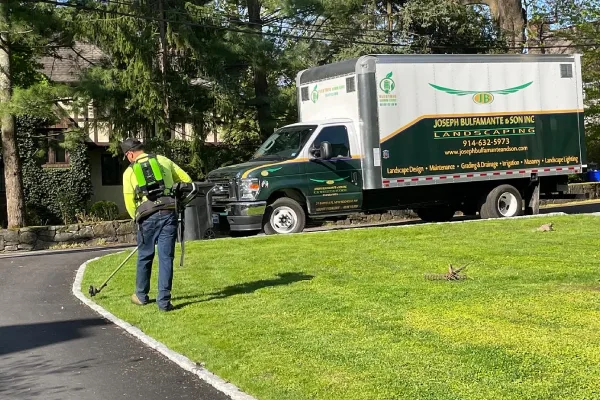 Precision lawn edging service creating clean, sharp borders along walkways