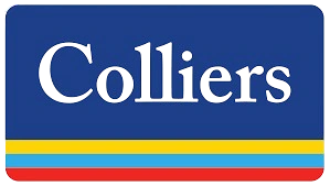 The blue logo with colorful stripes for Colliers, a trusted commercial real estate partner and supported organization of Tampa Turf Services.
