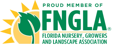 The official green and yellow FNGLA (Florida Nursery, Growers and Landscape Association) proud member badge logo, representing high standards in Florida landscaping.