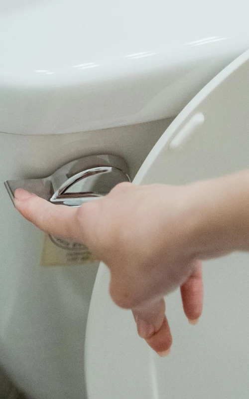 person flushing a toilet