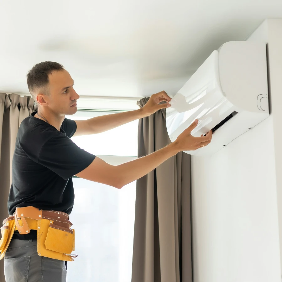 professional installing a split-type AC unit