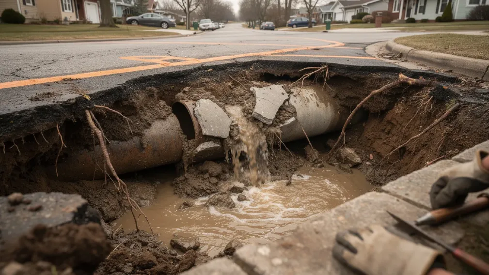 a broken sewer line showing visible cracks and damage