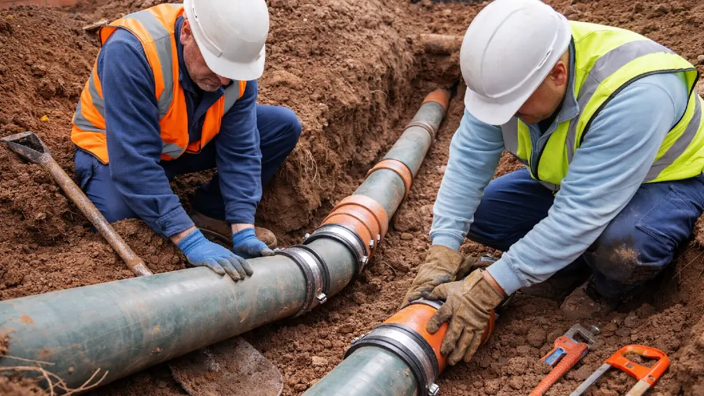 installing new sewer pipes in trench