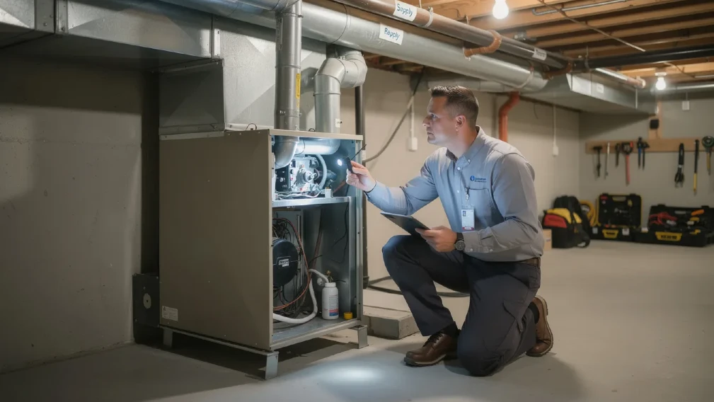 technician checking HVAC key components such as the air conditioning unit and heating system