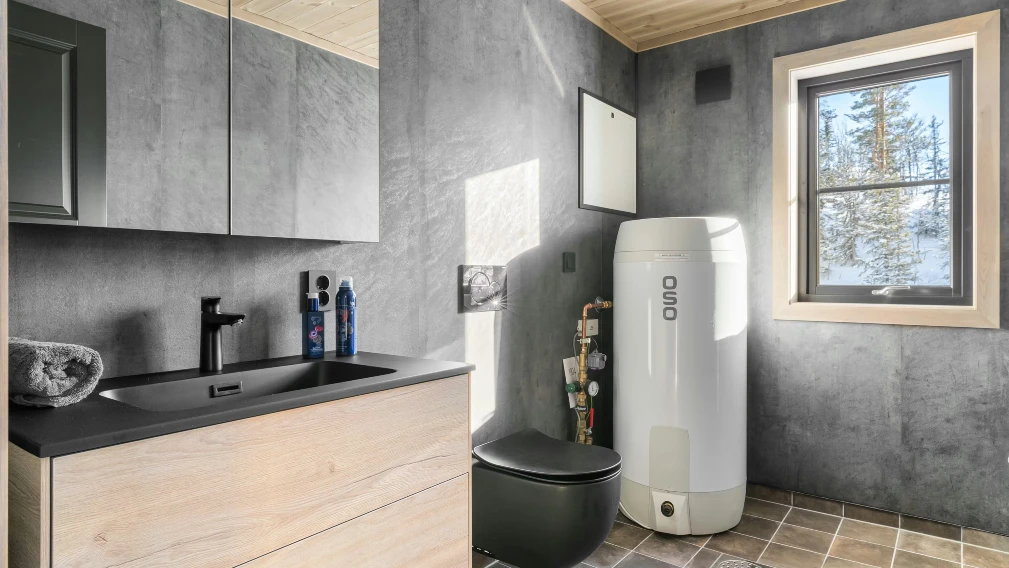 A bathroom with a toilet, sink, and a window