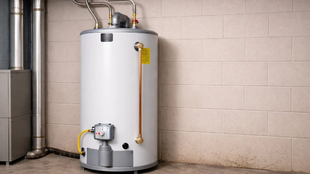 Basement water heater installation close-up