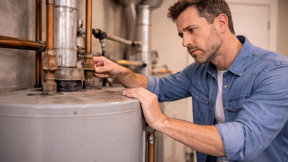 inspecting the old water heater