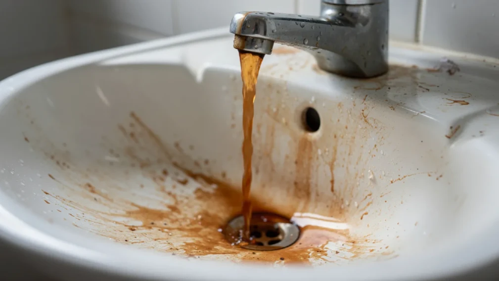 rusty water running from a faucet in a sink