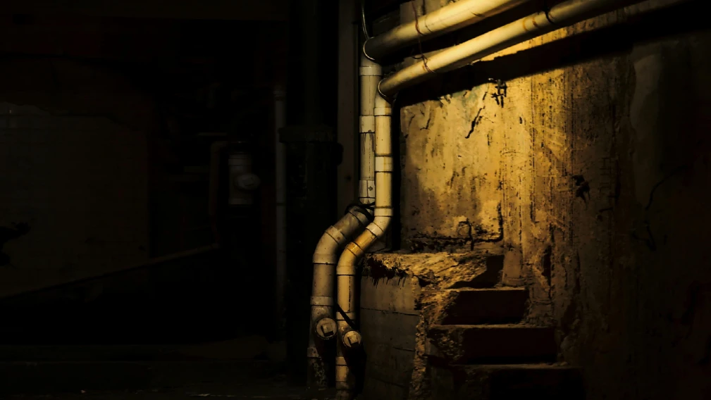 Dark basement cellar with pipes