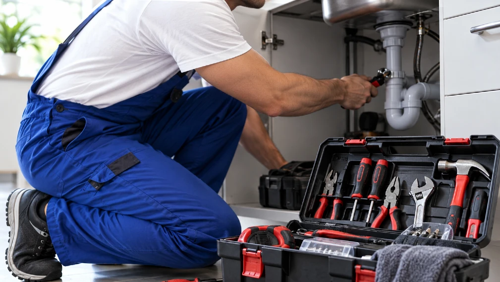 Plumber Repairing Kitchen Sink With Toolbox