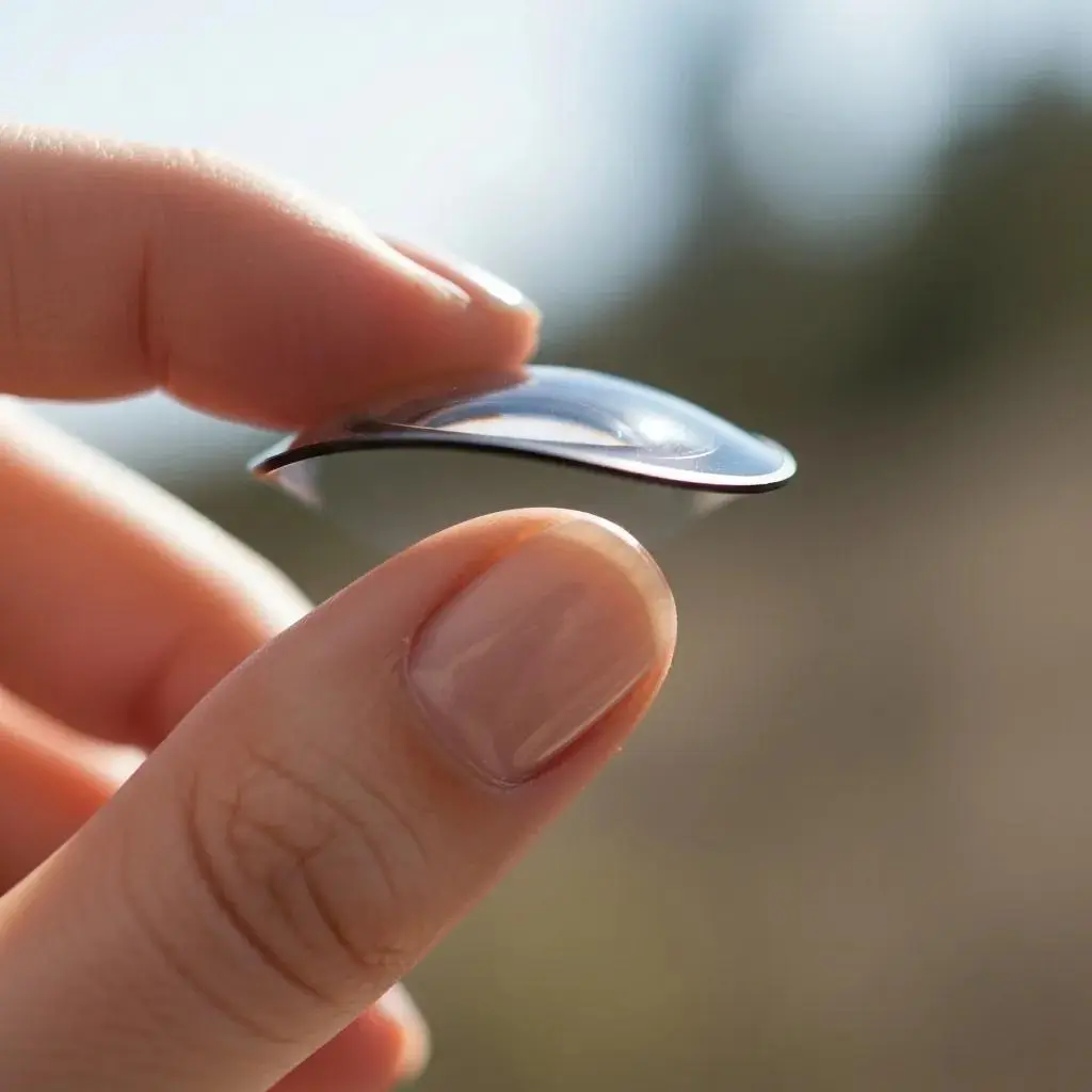 Close-up of a daily disposable contact lens on a fingertip, illustrating comfort and design features