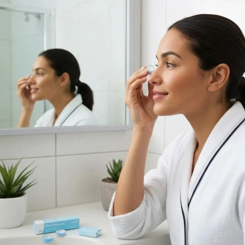 Person inserting a daily disposable contact lens in a clean bathroom, emphasizing hygiene and ease of use