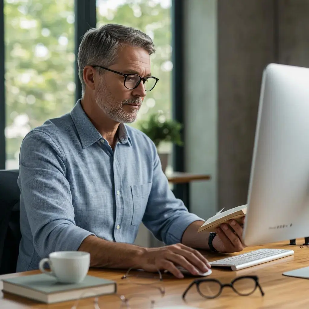 Professional using progressive lenses while working on a computer and reading, illustrating their multifocal benefits