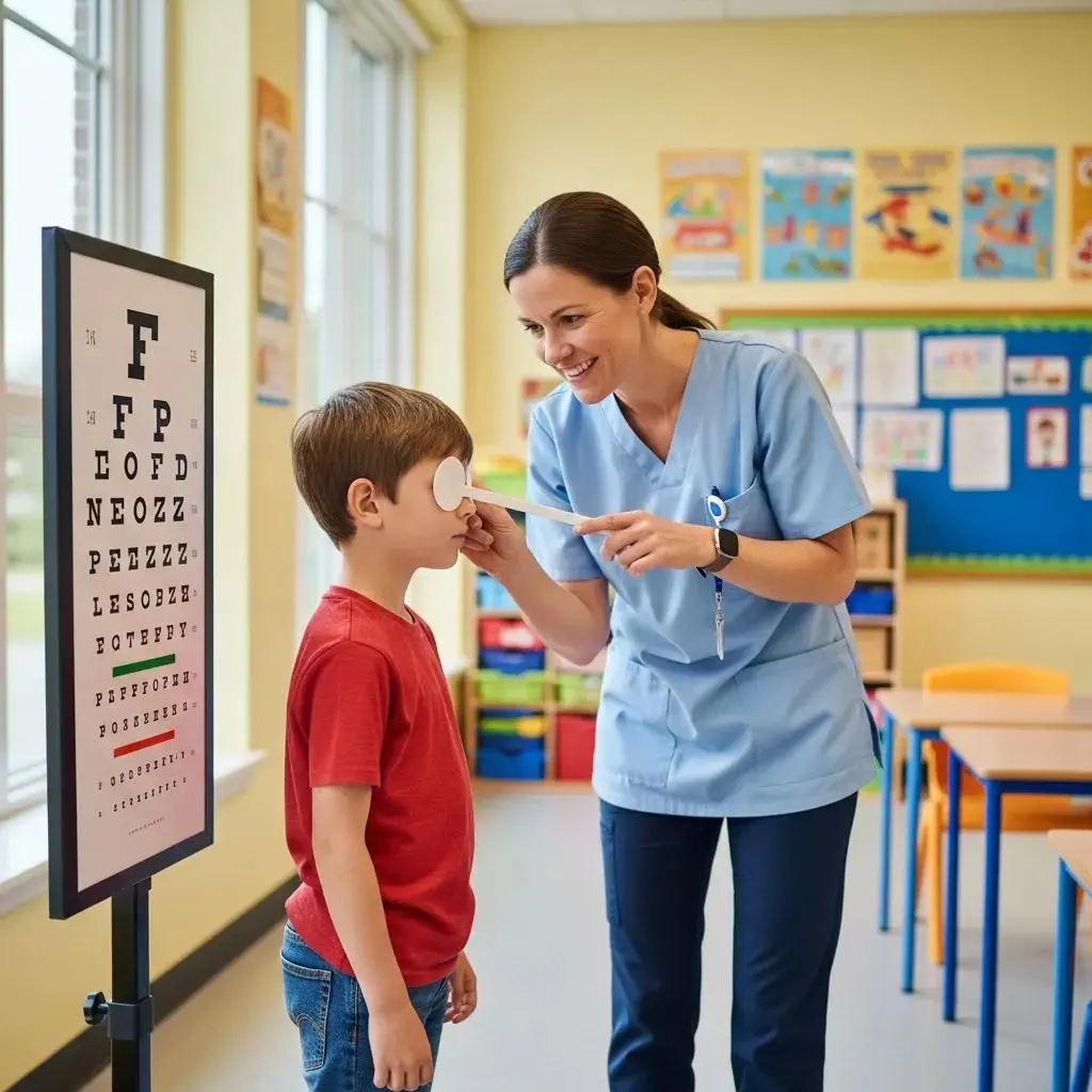 School nurse conducting a basic vision screening with a child in a classroom