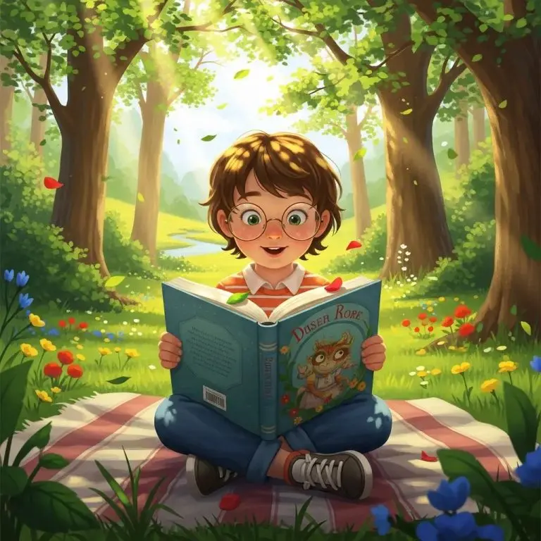 Child reading outdoors with glasses, emphasizing eye health and myopia awareness