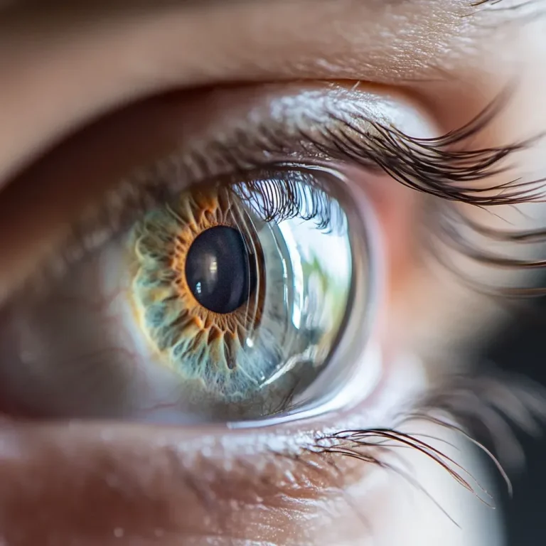 Close-up of a human eye showcasing intricate iris details and eyelashes.