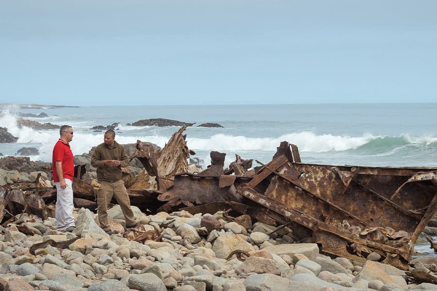 Sightseeing shipwrecks on the coast in Palmwag while on a luxury safari tour