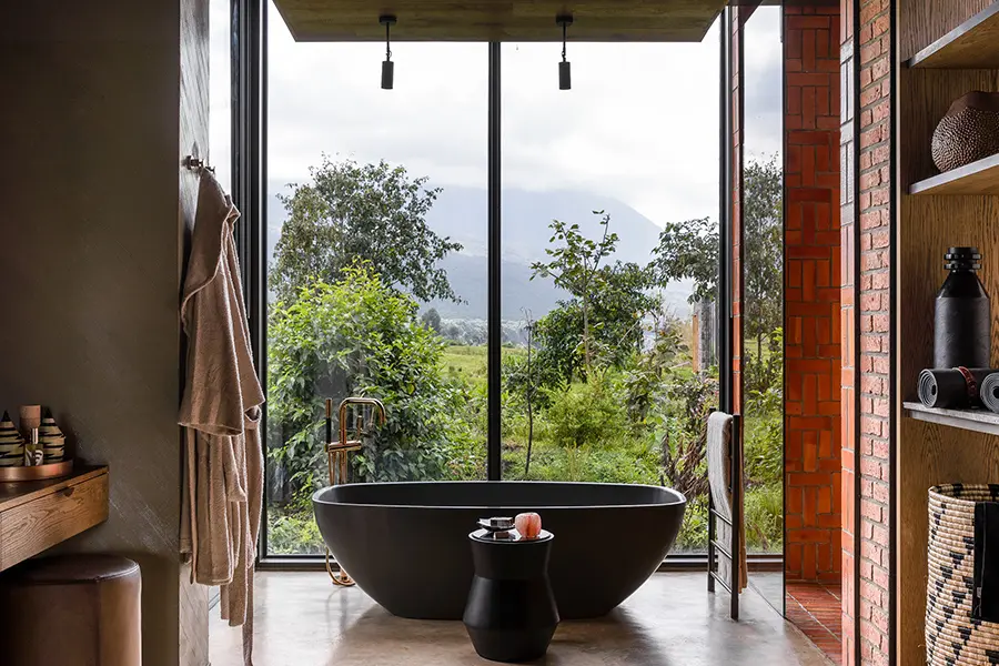 Beautiful bathroom in luxury accommodation in East Africa with mountain view.