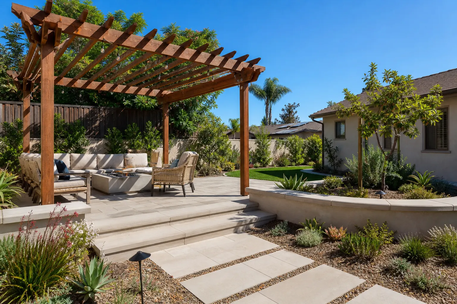Paver patio, pergola and drought-tolerant outdoor living area in San Diego