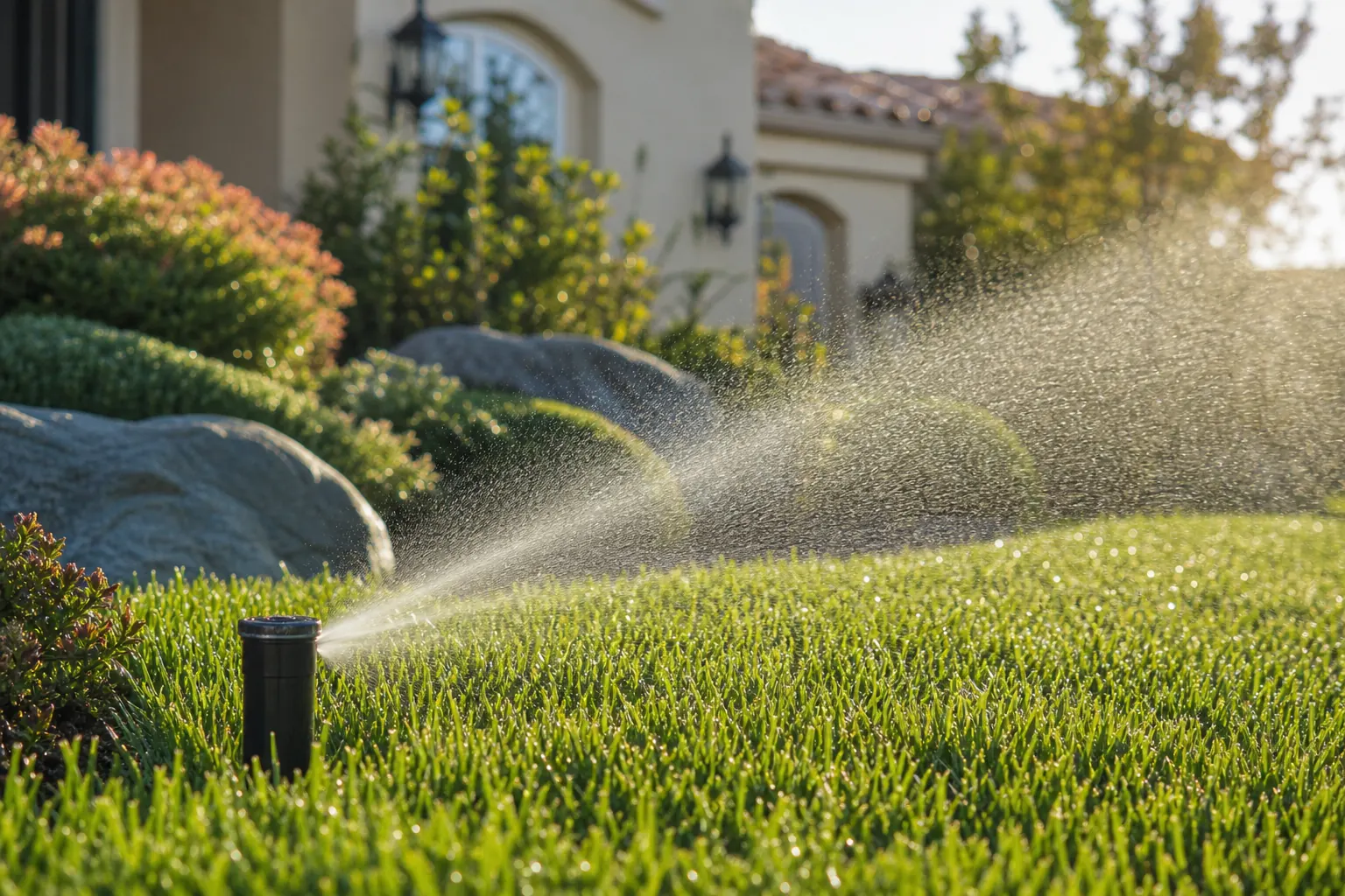 Pop-up sprinkler watering a residential lawn in San Diego