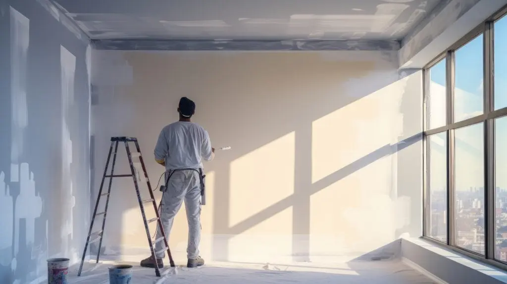 painter male worker paints a wall with a paint roller Repainting the walls inside the house