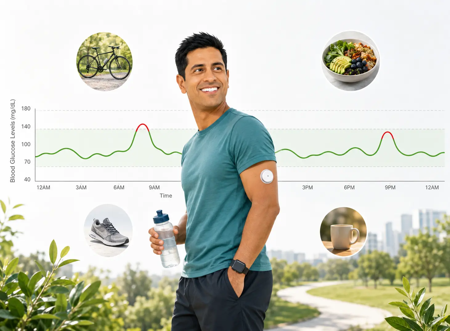 Man with Type 1 diabetes wearing a CGM stands in front of a stable blood glucose graph, surrounded by healthy food, cycling, walking shoes, hydration, and lifestyle imagery.