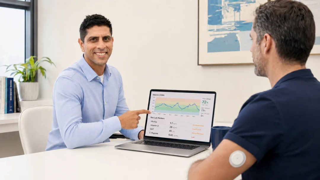 Clinician reviewing CGM trends and key lab markers with an adult with type 1 diabetes wearing a CGM sensor.