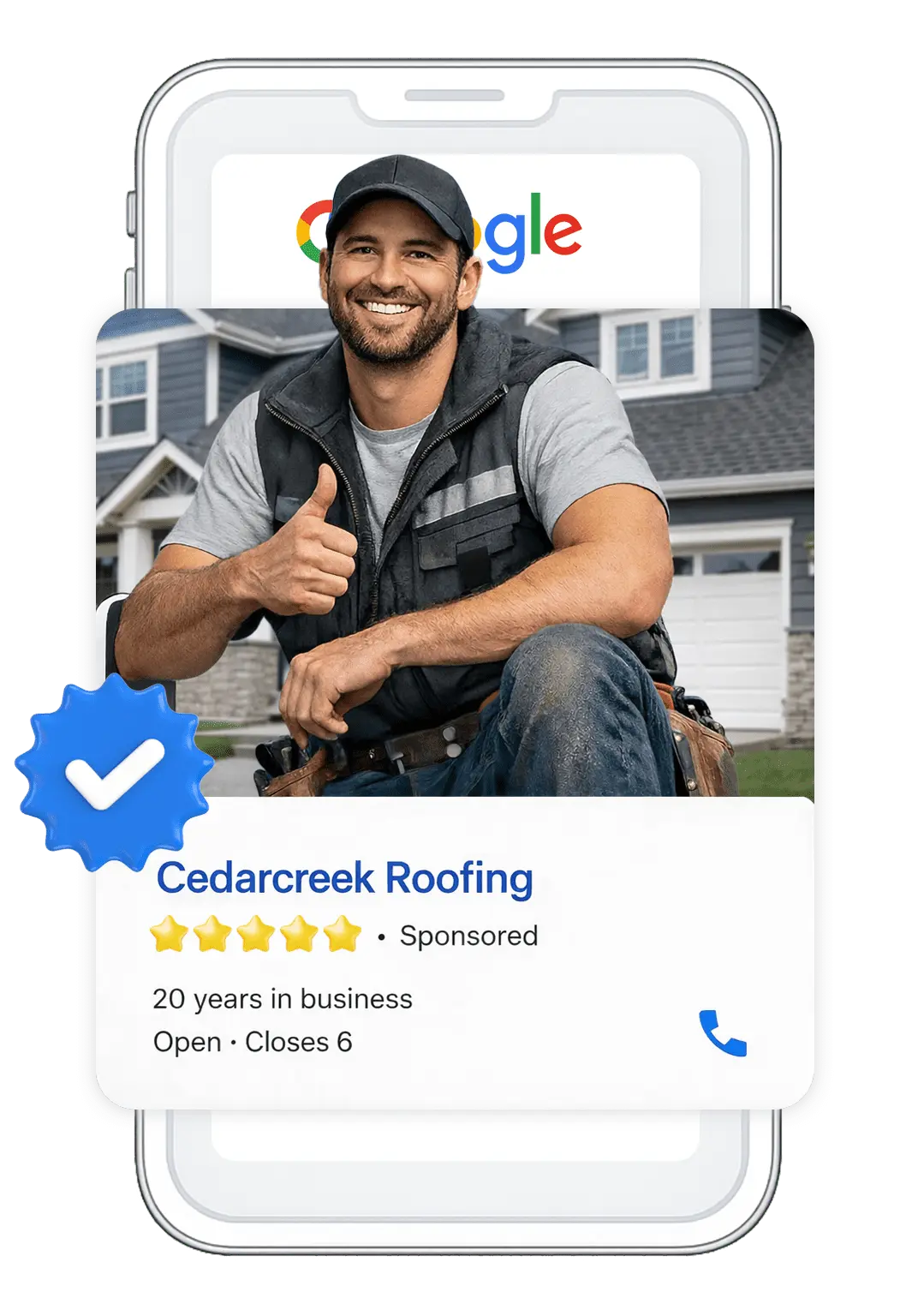 Smartphone showing Google Local Services Ad for Cedarcreek Roofing