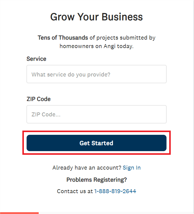 Angi business registration form with get started lead generation button